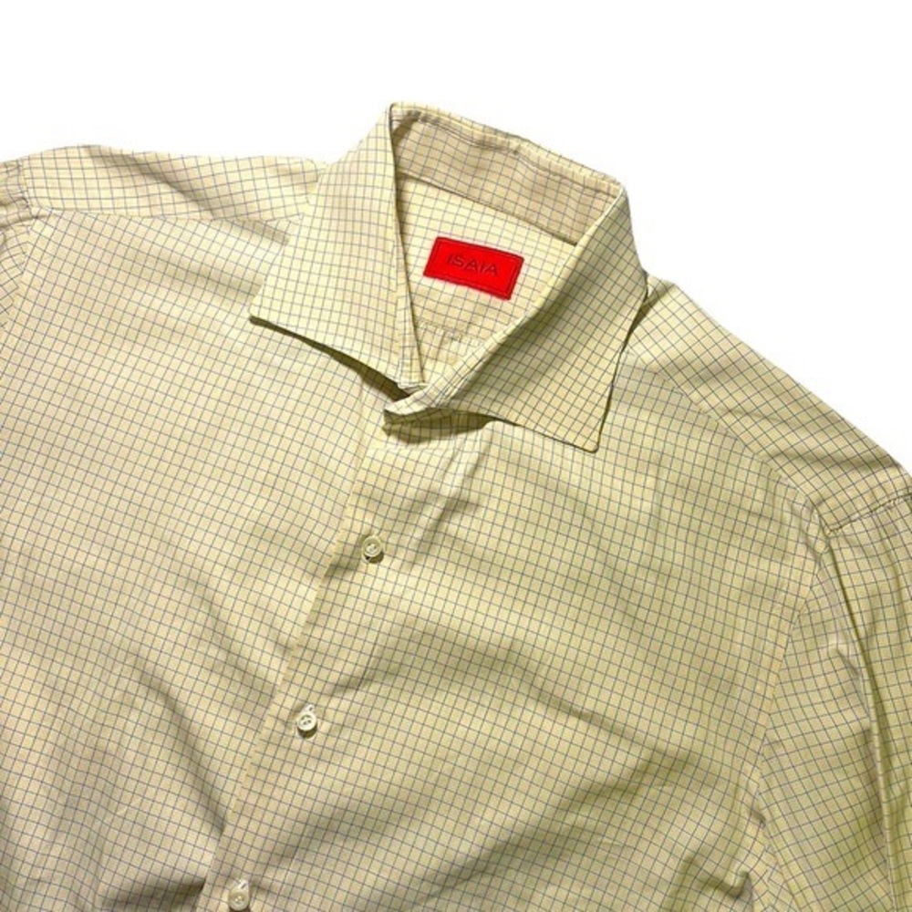 Isaia Napoli mens 16.5 42 yellow blue check plaid print cotton dress shirt EUC